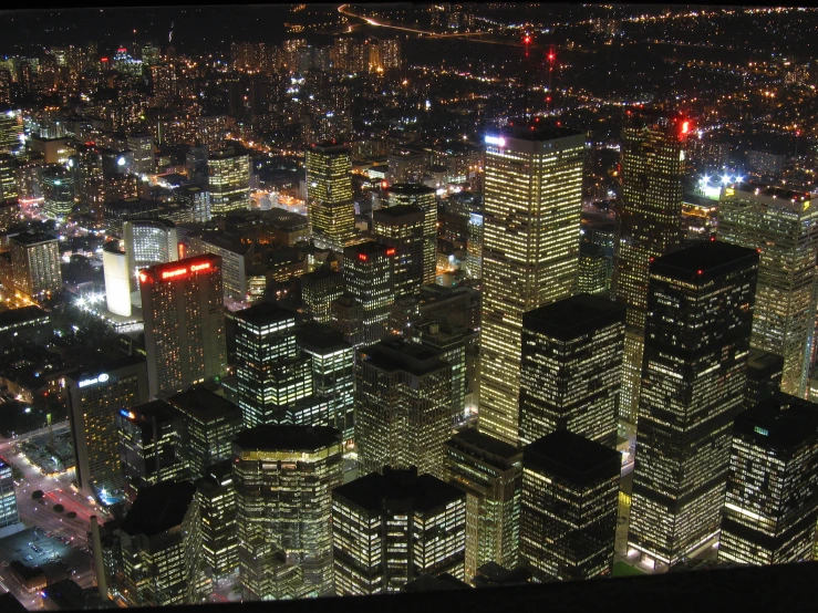 an aerial view of a big city at night