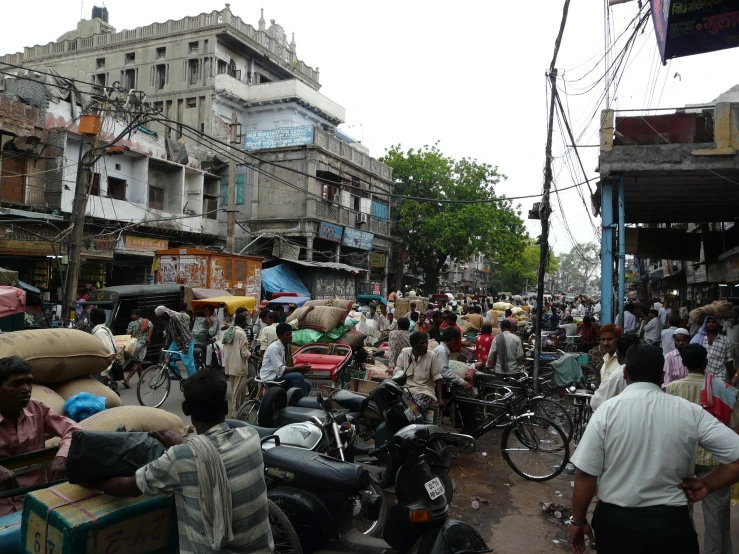 crowded urban street in urban setting with people and motorcycles