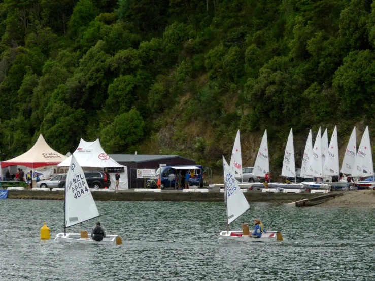 several small sailboats sit at the water's edge near a hillside