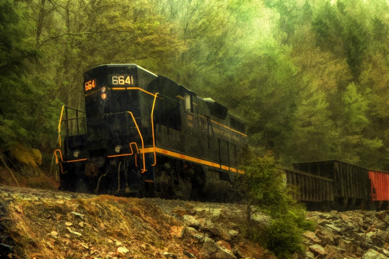 a train is sitting on the train tracks in the woods