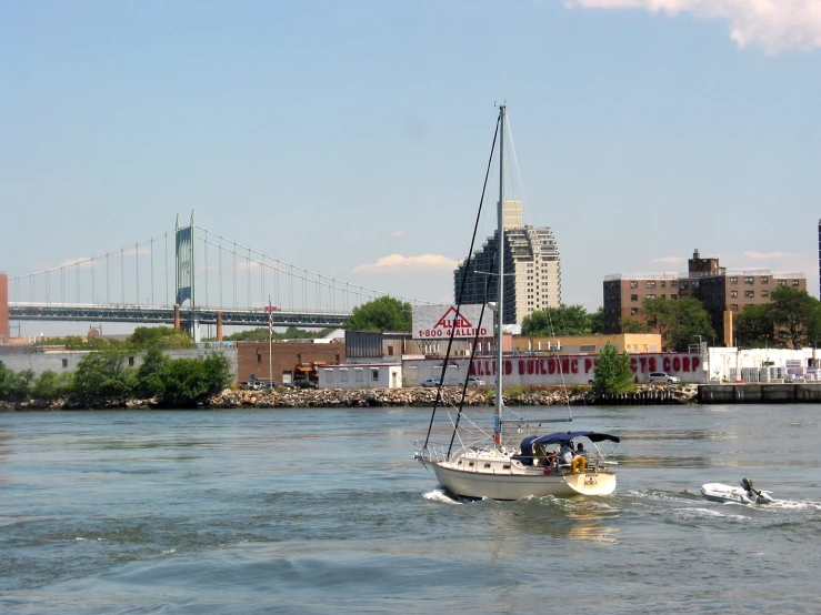 a white boat with an antenna on the water