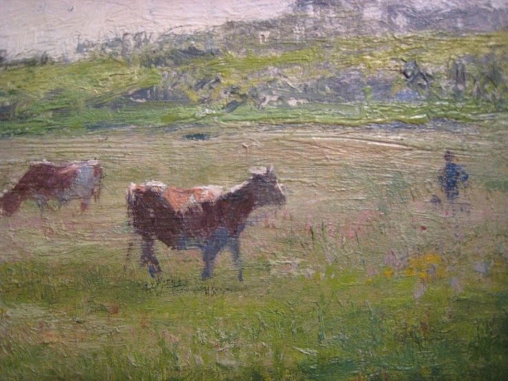 a painting of two cows in a grassy field