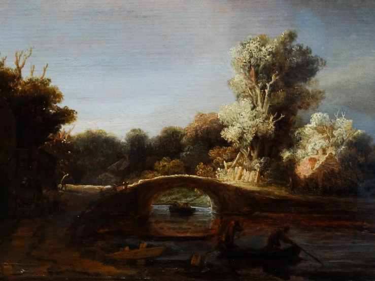 a painting depicting trees, a bridge and a river