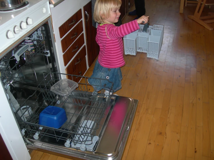 a  is trying to use the dishwasher