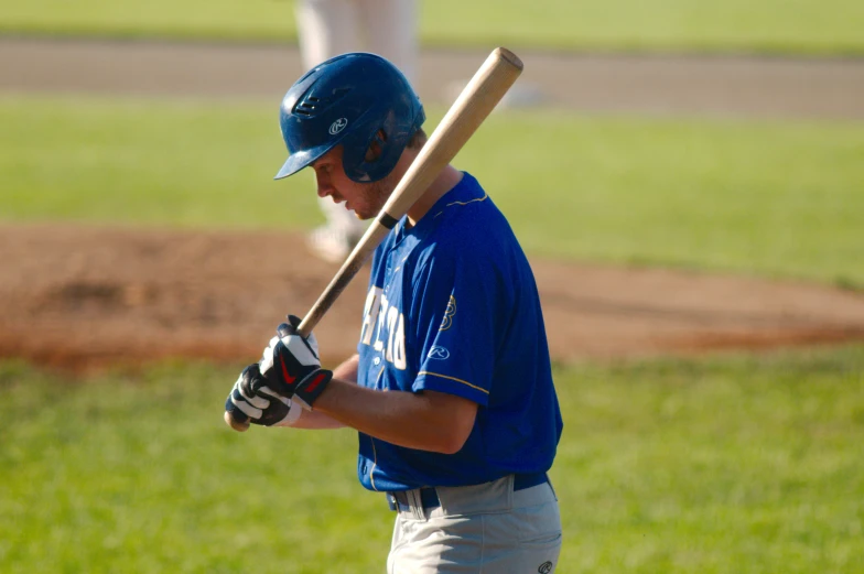 a boy in a blue jersey is holding a baseball bat