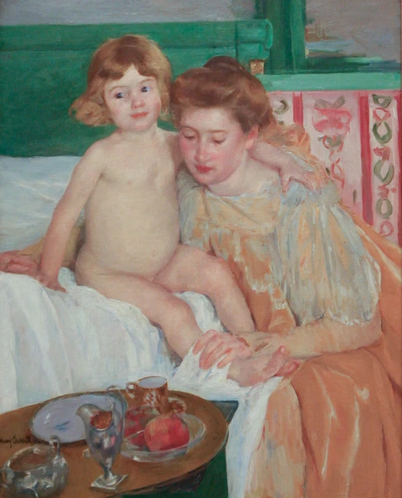 a painting of two women laying in a bed