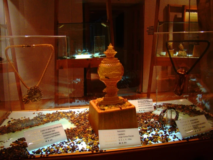 there are many necklaces and jewelry on display