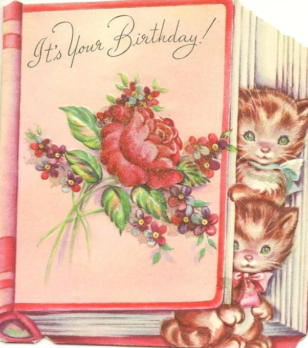 an old greeting card is decorated with kittens and roses