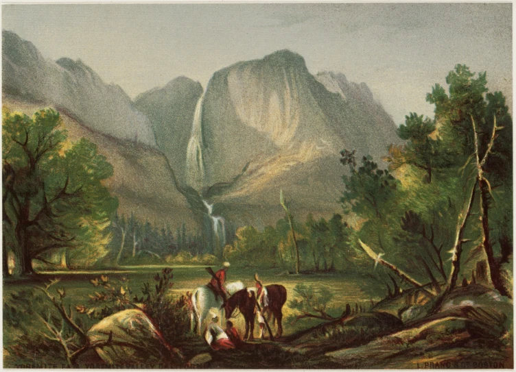 a painting of cattle grazing near trees, mountains and a waterfall