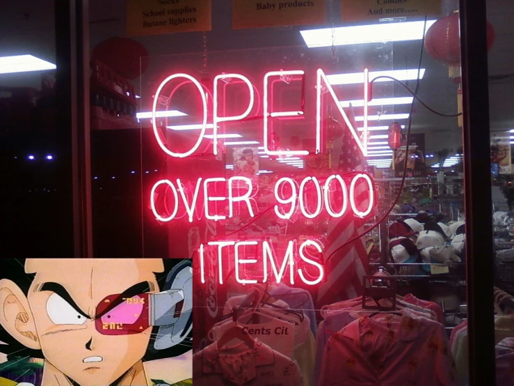 a neon sign that reads open over 1900 items in front of the store window