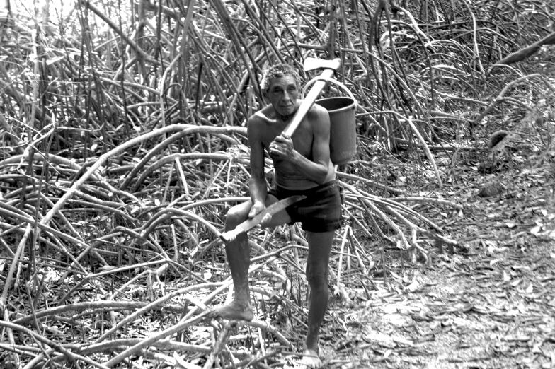 a young man holding a stick in the woods