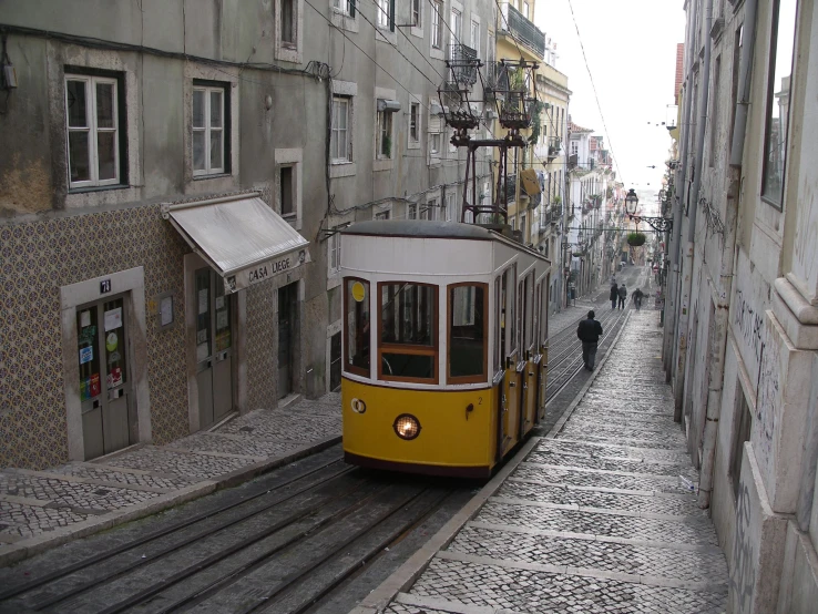 a train traveling down a street in a big city