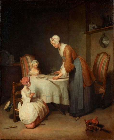 a painting with a woman and a child sitting at a table