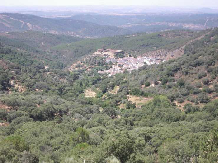 a small village nestled in the distance is seen among a forest