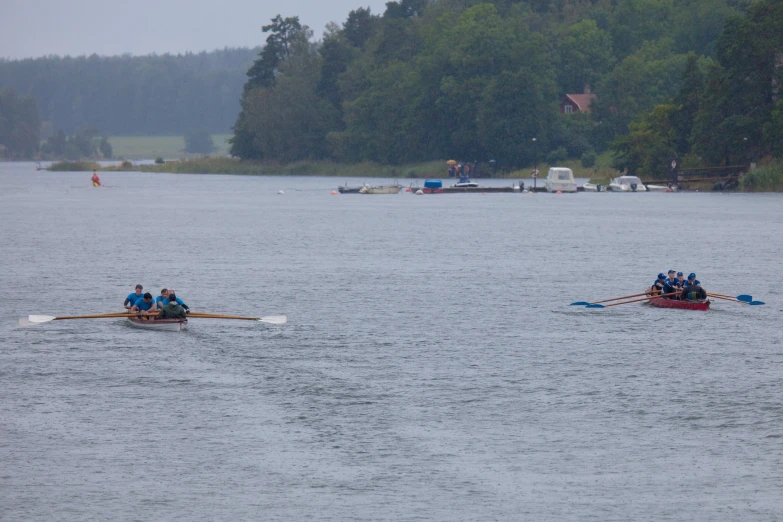 there are several people rowing rowboats on the water