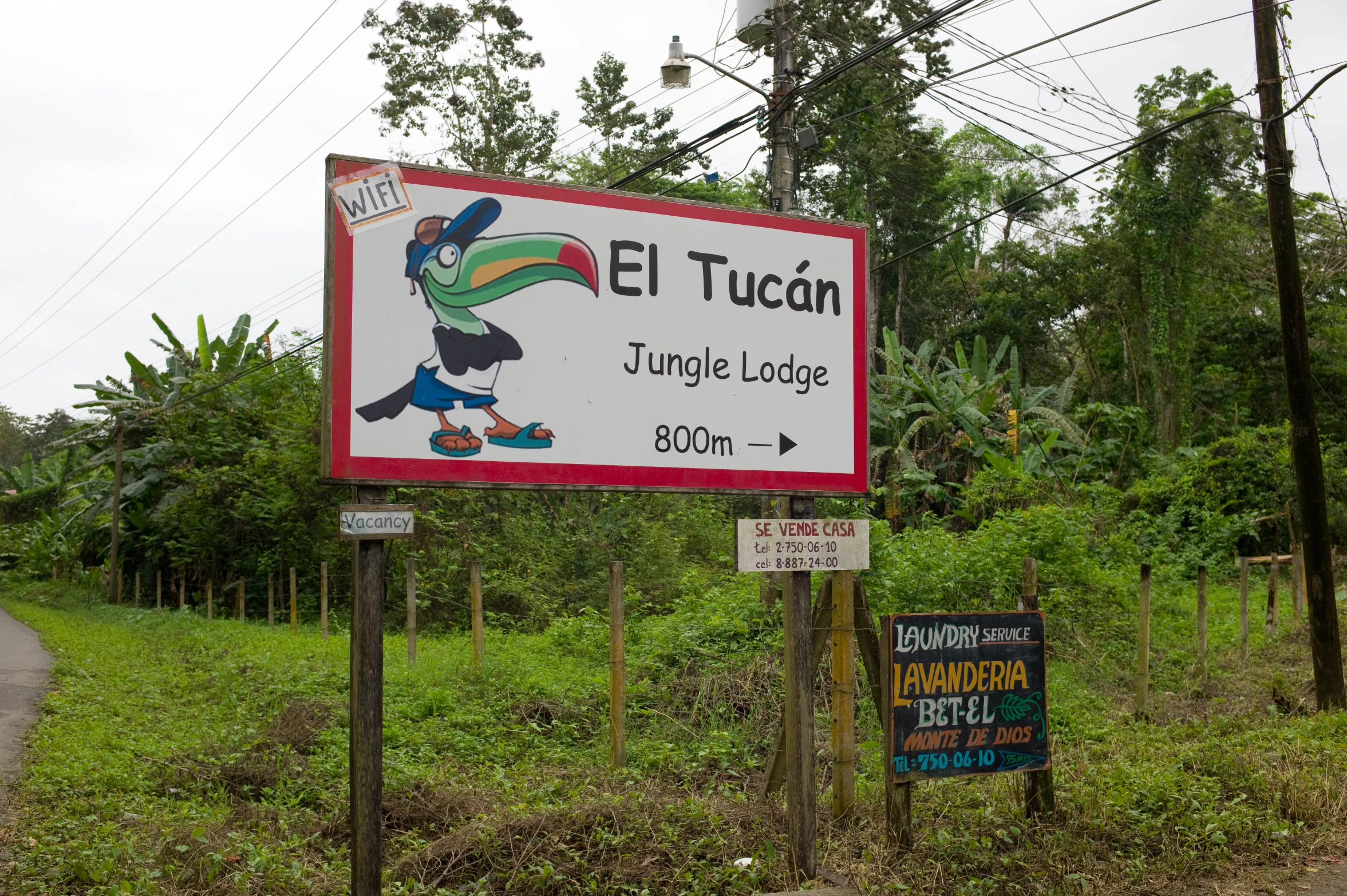 a sign in front of a jungle lodge on a dirt road