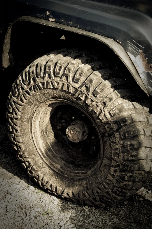 a truck tire sits abandoned and dirty