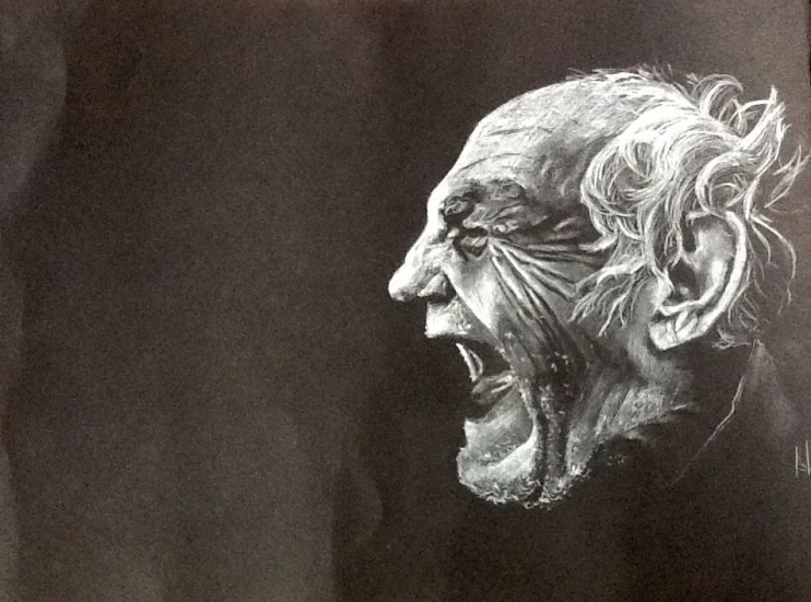 a chalk drawing of a man with an open mouth