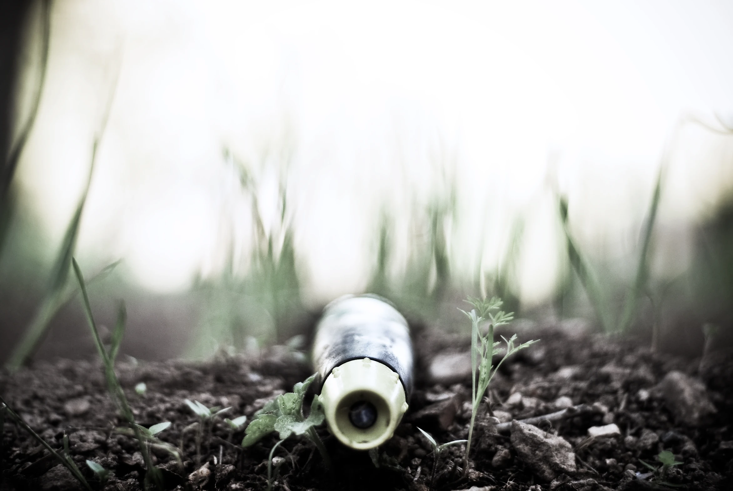 a single bullet bottle is seen laying on the ground