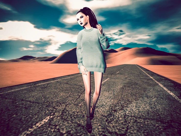an evil looking woman walking on a desert highway