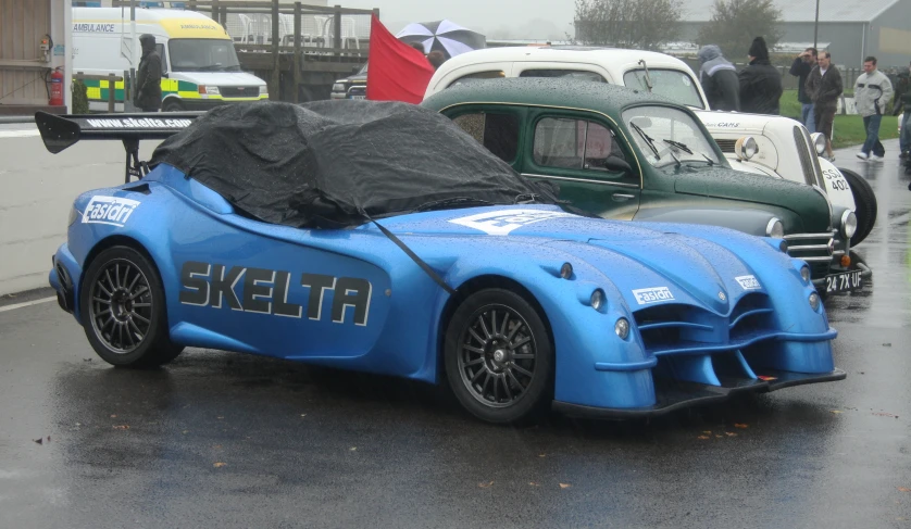 the blue sports car is covered with an umbrella