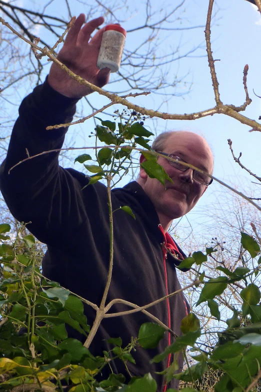 a man holds up a bottle while climbing the tree