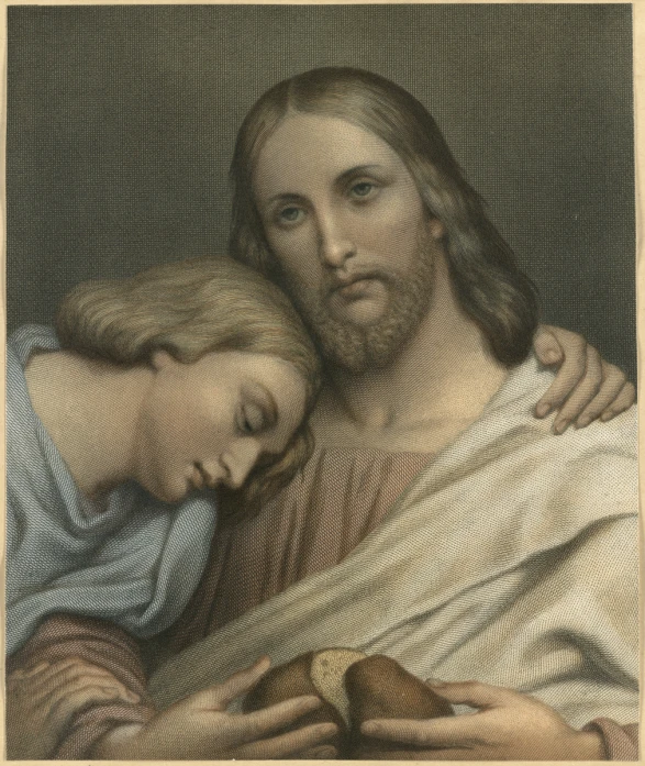 a painting of jesus holding a child