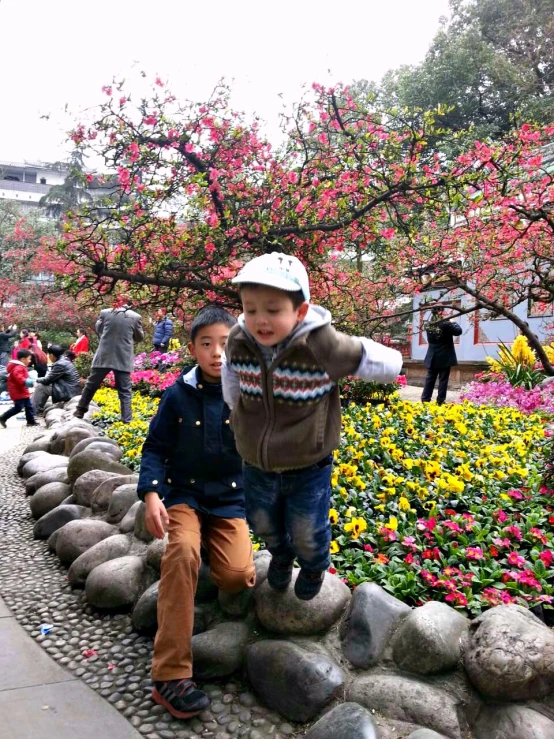 two boys walk on some rocks and flowers