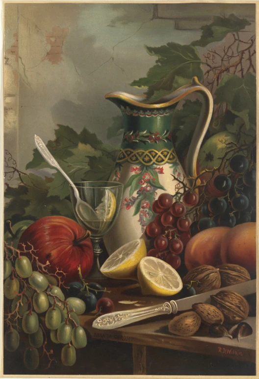 a painting of fruits and vegetables sitting on top of a table