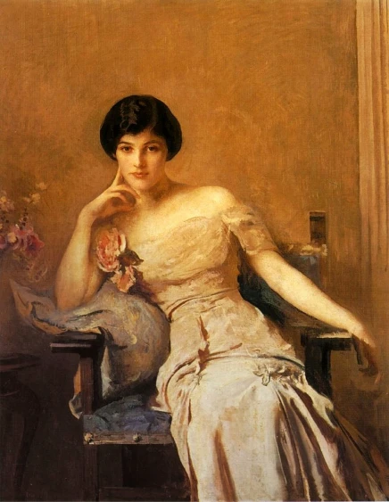 a painting of a lady in a white dress sitting down
