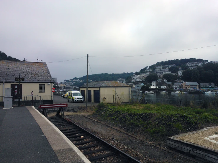 train tracks sit empty next to an old building