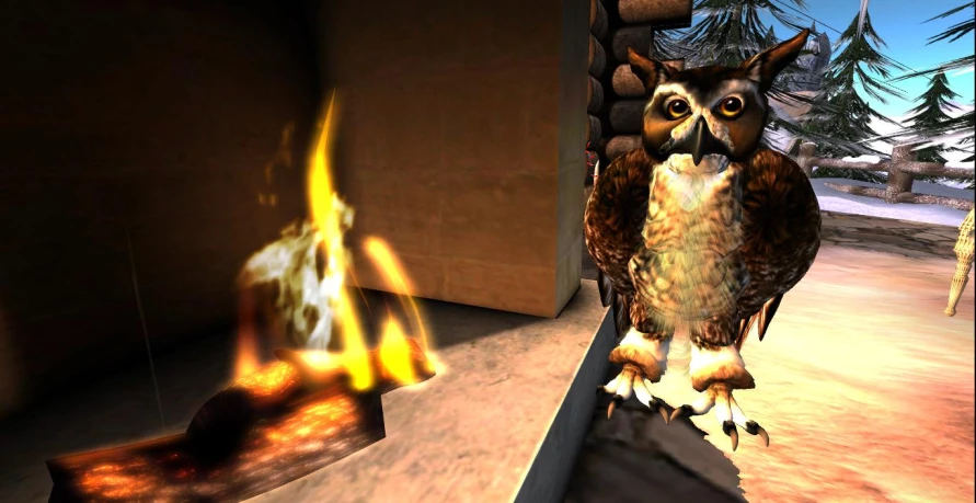 an animated owl perched on a fence and flame
