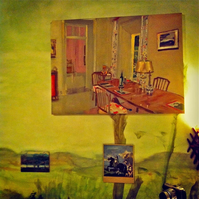 an image on a wooden frame with chairs