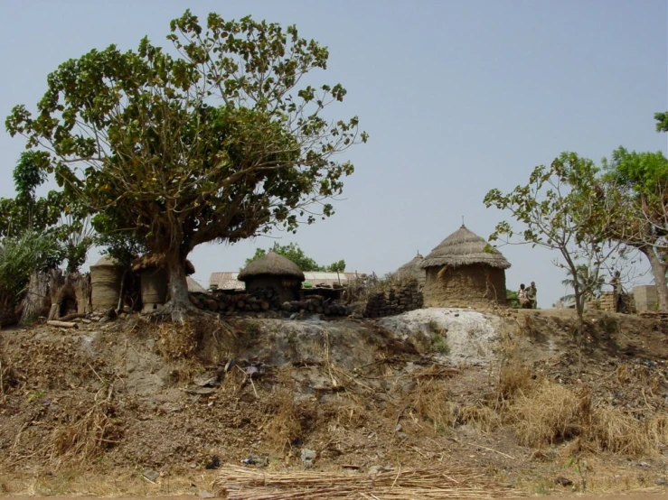 a hut is nestled on a hill that's covered in vegetation