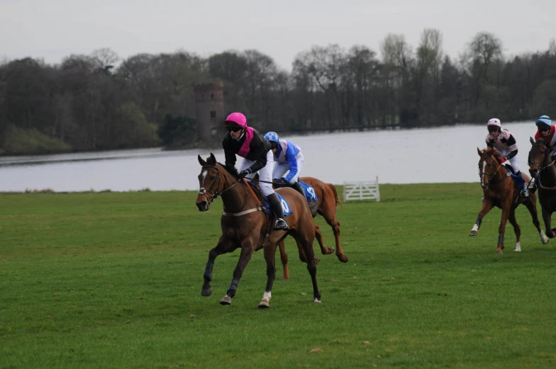 several people riding on horses in the grass