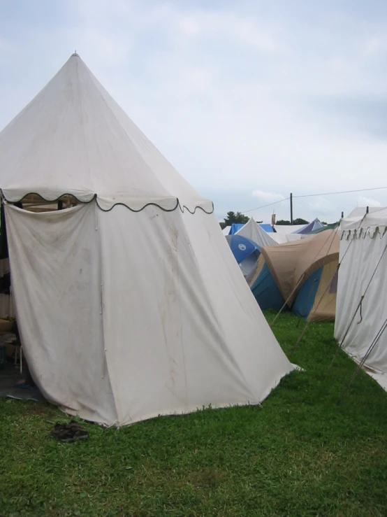 a group of tents on grass with no people standing outside