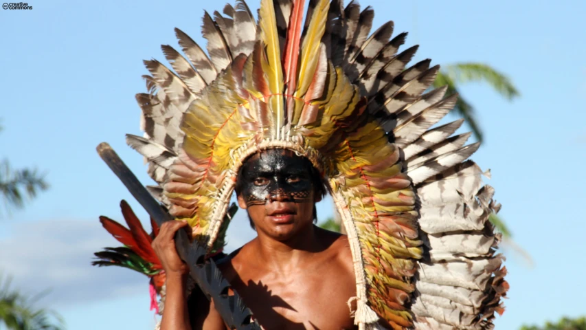 a man with a large feathers headdress in the day