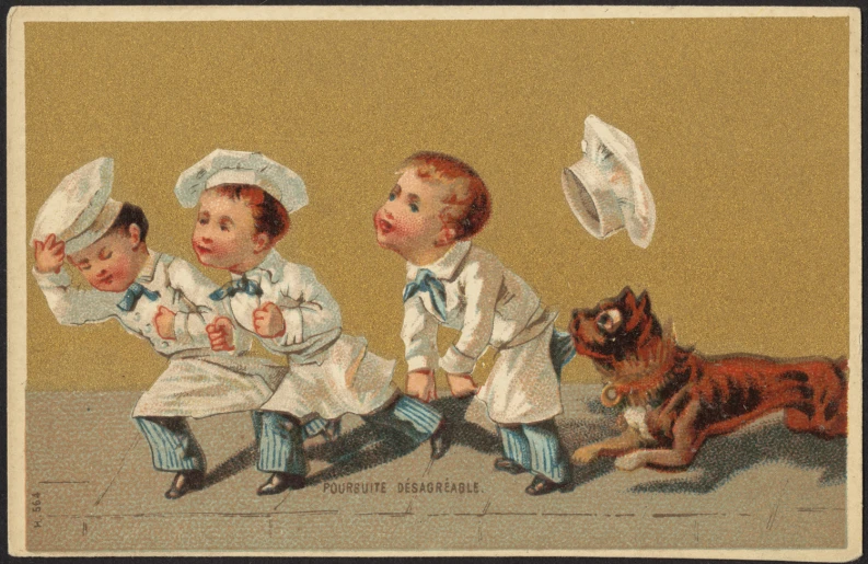 an old fashion illustration shows three babies in hats and their dog