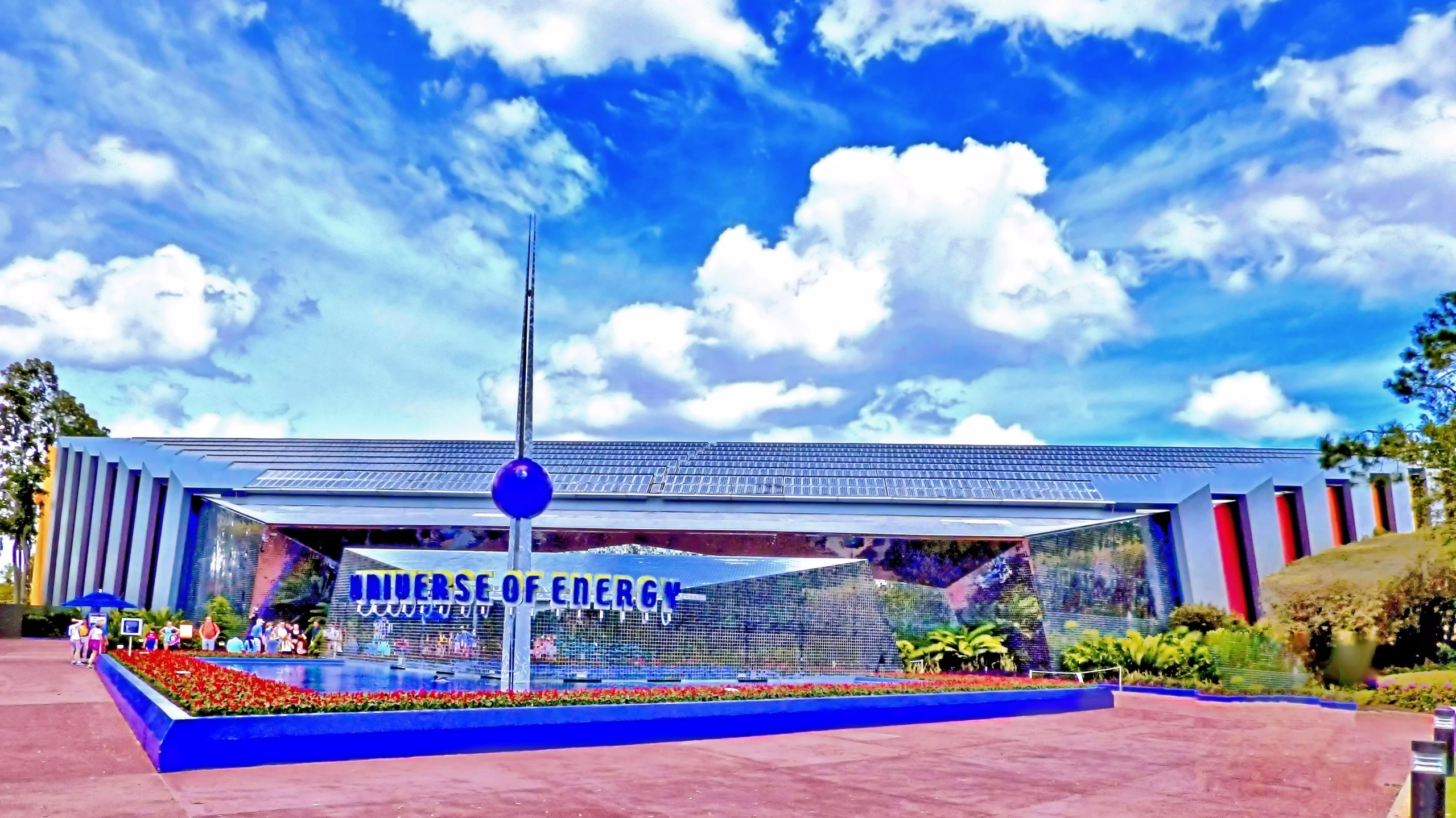 a building that has blue and red walls