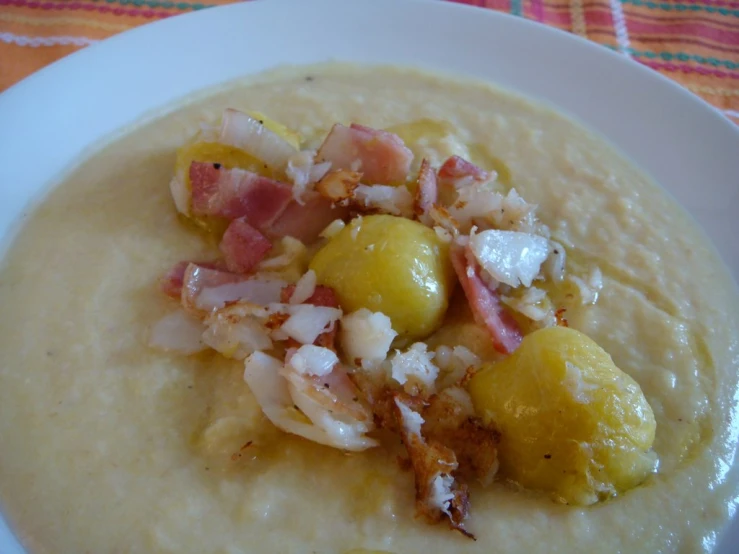 a plate of food with potatoes and ham