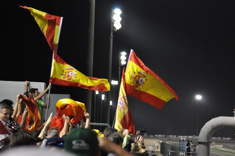 some fans are holding up flags outside