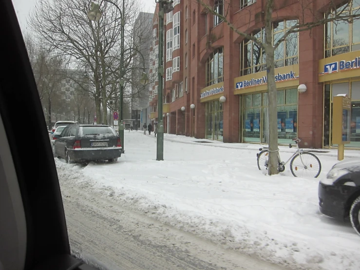 an outside view of a building during winter