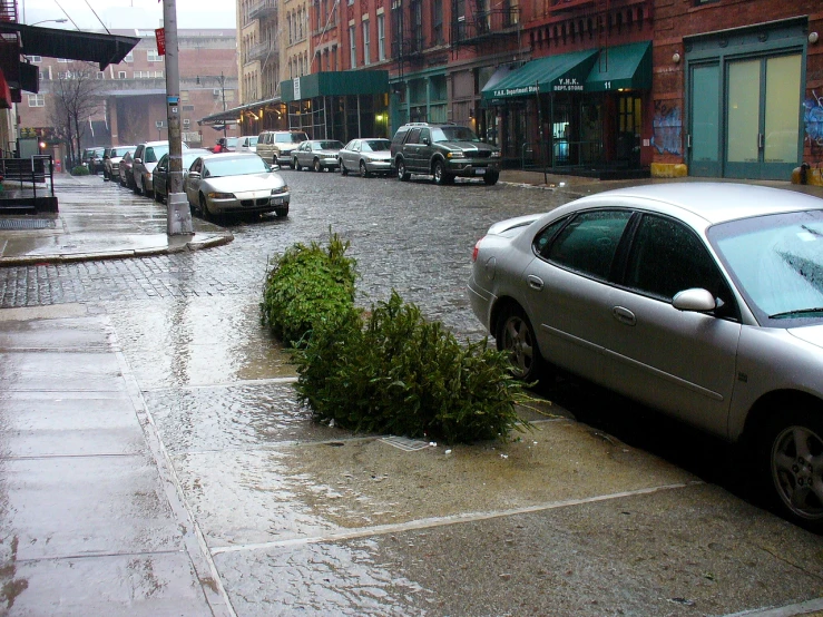 the street near the store has been flooded with rain