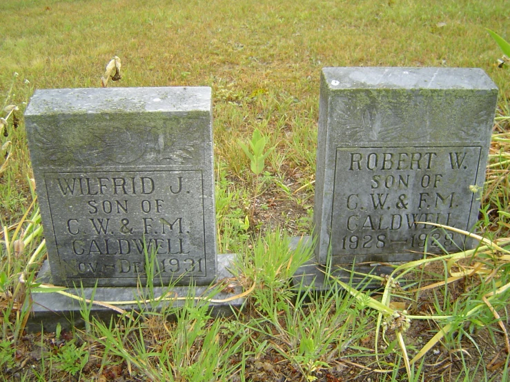 a couple of cement headstones sitting in the grass