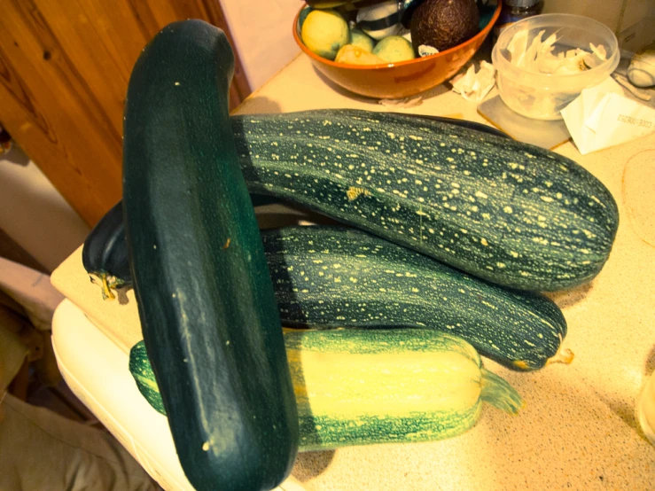 a large green zucchini on a kitchen counter