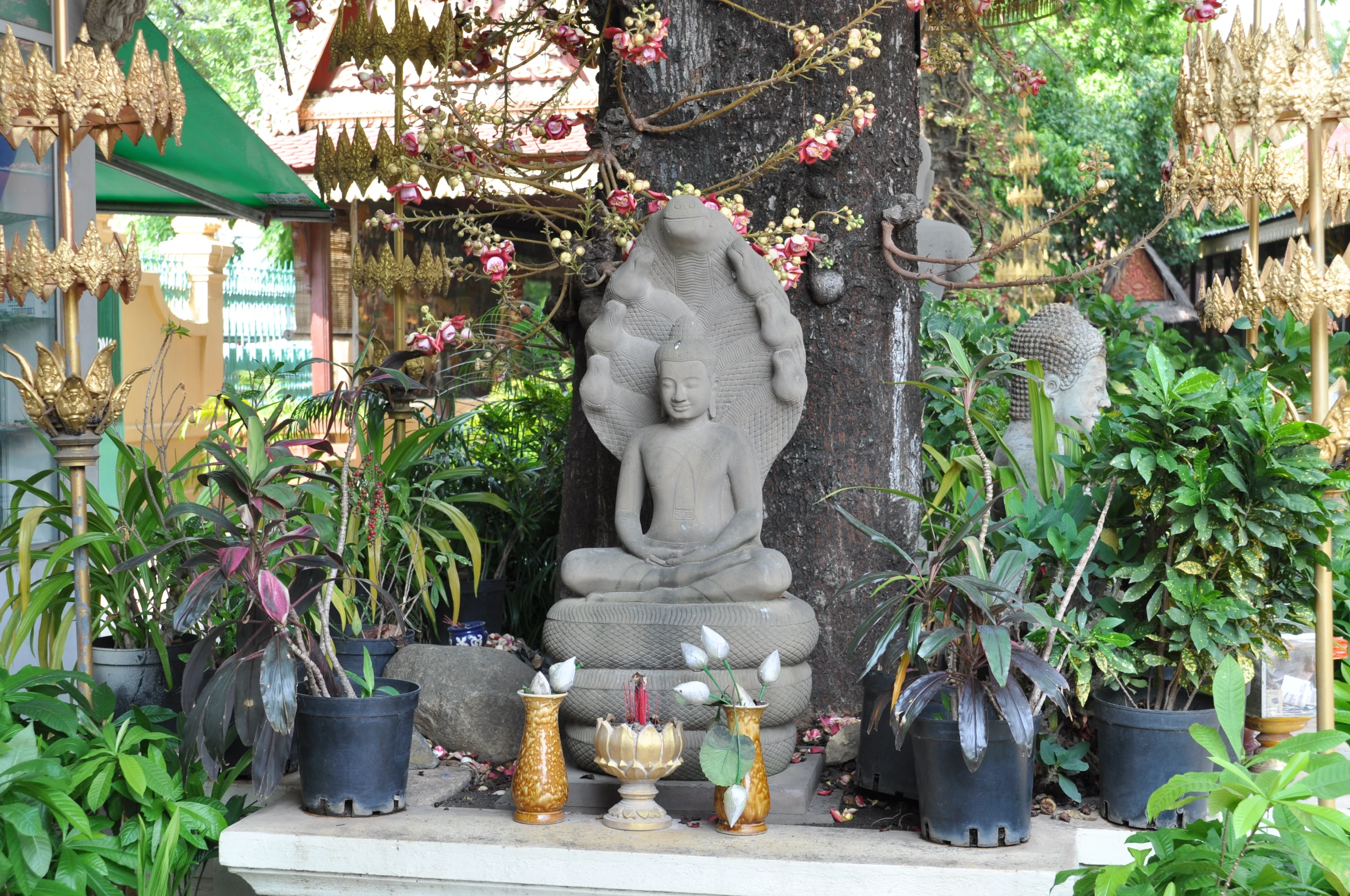 a statue of a man on a stand surrounded by flowers and potted plants