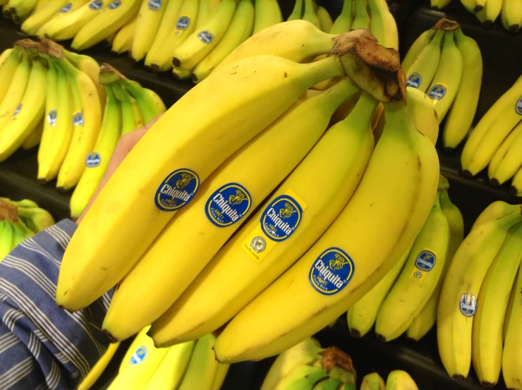 a close up of a bunch of yellow bananas in a store
