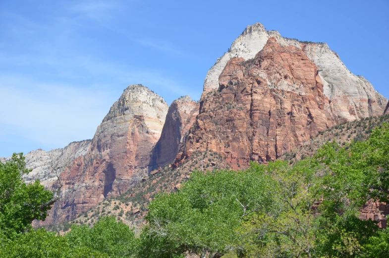 some trees and mountains with blue sky and clouds