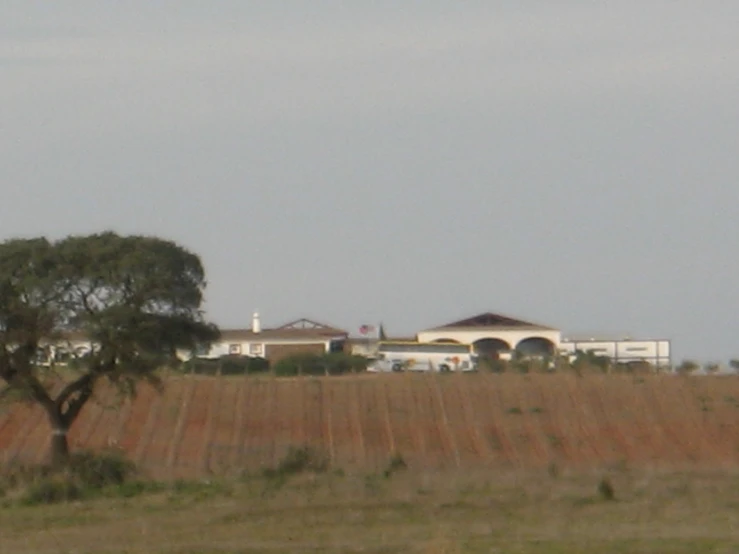 a green and brown field with a house on top of it