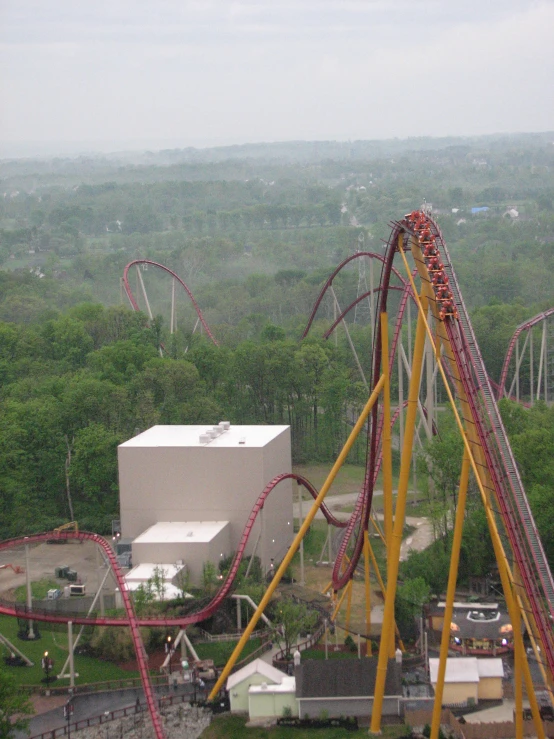 a roller coaster and a park ride with lots of trees